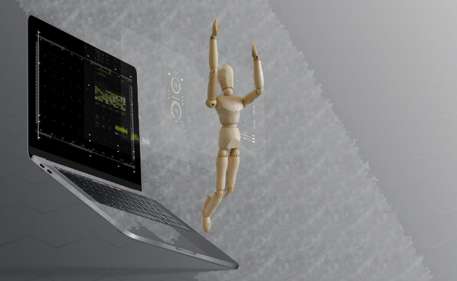 An artist's mannequin leaping from a laptop keyboard